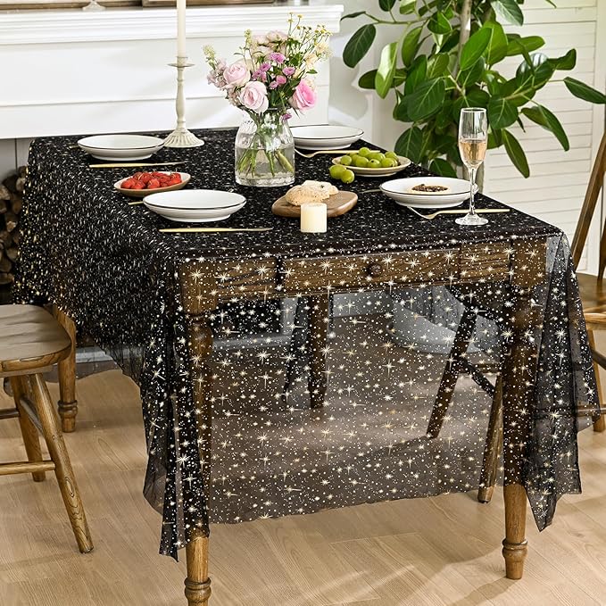 Horaldaily Black Gold Sparkling Star Gauze Tablecloth 52x70 Inch Rectangular, Golden Star Sequin Glitter Metallic Foil, Sheer Tulle Cheesecloth for Wedding Baby Shower Party