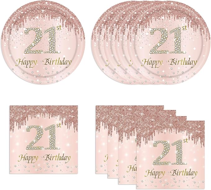 21st Rose Gold Birthday Plates and Napkins, 9 Inch Pink Rose Gold Disposable Dinner Dessert Plates Happy 21th Birthday Party Supplies Decorations for Girls Women