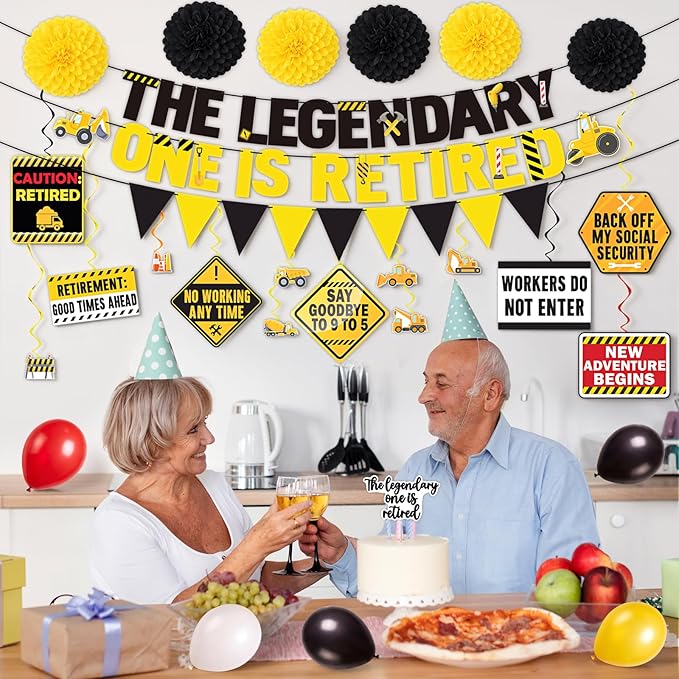 44Pcs Retirement Party Decorations Kit Legend Retired Banner Hanging Swirls Balloons Cake Topper Retire Decor Set for Women Men Coworker Family Celebration
