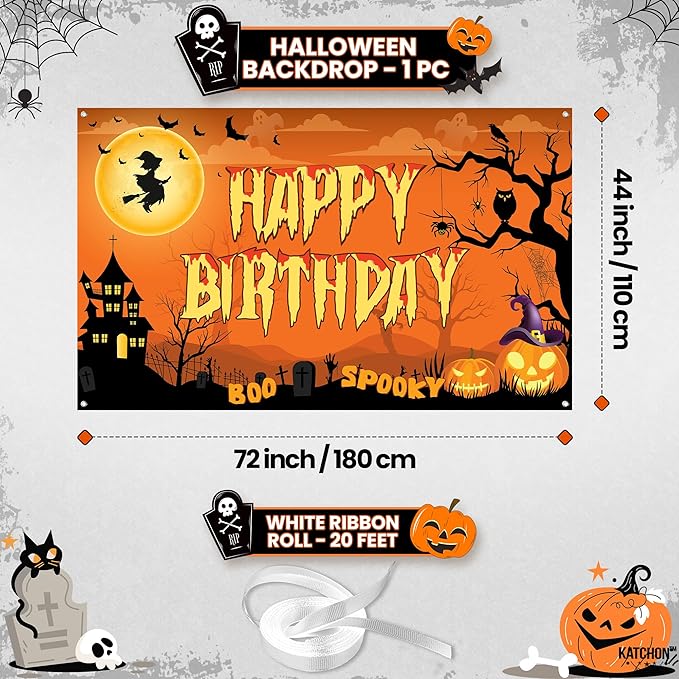 KatchOn, Halloween Happy Birthday Banner - XtraLarge, 72x44 Inch | Spooky Halloween Banner for halloween Birthday Party Decorations | Happy Birthday Backdrop, birthday Decorations Indoor