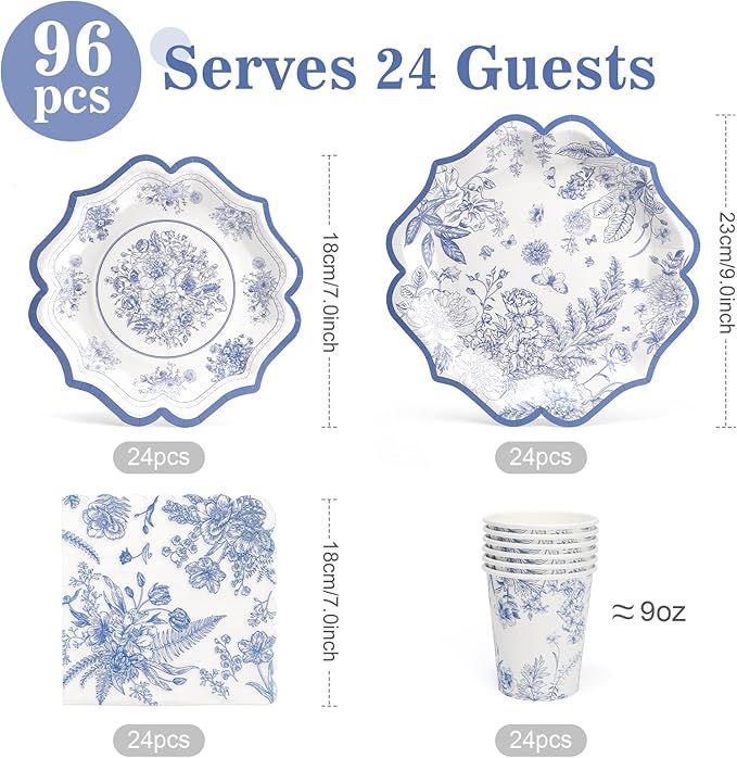 96pcs Blue and White Floral Paper Plates - Blue Flower Party Plates, Cups and Napkins Serve for 24 Baby Shower Spring Garden Birthday Wedding Tea Party Supplies Decorations