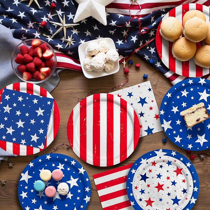 4th of July Party Supplies Set, Patriotic Theme Kit for Independence & Election Day Decorations, Includes Plates, Napkins, Cups, Banner, Tablecloth -Patriotic & 4th of July Party Decorations-24 Guests