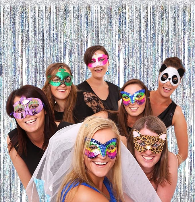 FECEDY 2 Packs 3.2ft x 6.6ft Silver Multicolor Tinsel Foil Fringe Curtains Photo Booth Props for Engagement Bridal Shower Bachelorette Baby Shower Bachelorette Holiday Celebration Party Decorations