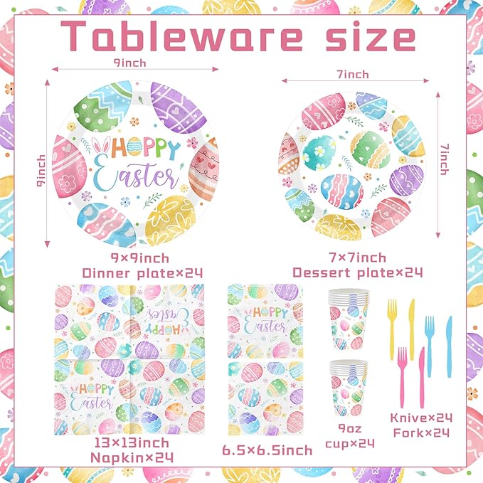 Easter Paper Plates and Napkins Sets, Easter Eggs Party Tableware include Watercolor Easter Egg Paper Plates and Napkins Disposable for Easer,Spring Themed Birthday Party Supplies,Serve 24