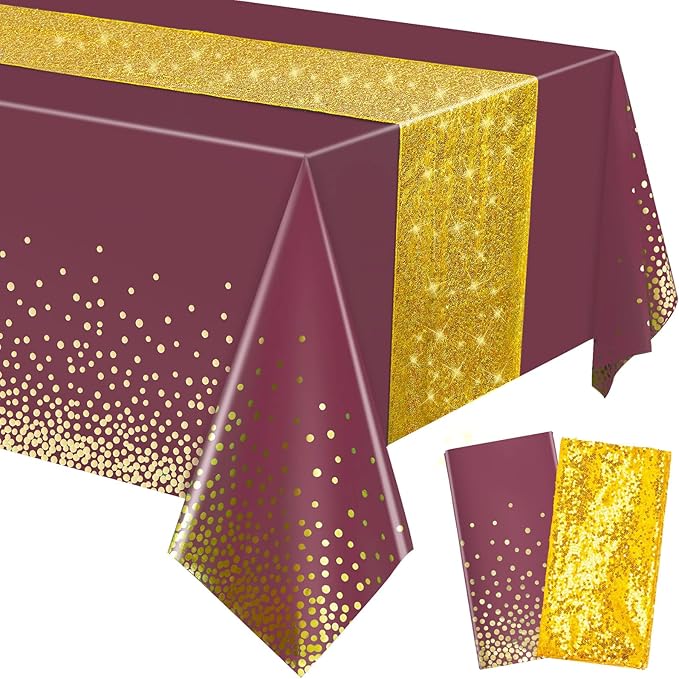 Irenare Tablecloth and Sequin Table Runner Set Polka Dots Confetti Table Cover Dining Plastic Tablecloths Glitter Decorations for Birthday Wedding Anniversary Party Supplies(Maroon, Gold,2 Pcs)