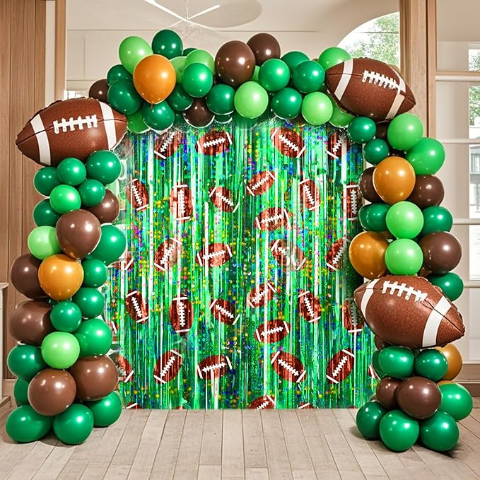2 Packs Football Foil Fringe Curtain, Green Glitter Metallic Tinsel Backdrop for Birthday, Baby Shower, Super Bowl, Football Party Decorations Supplies
