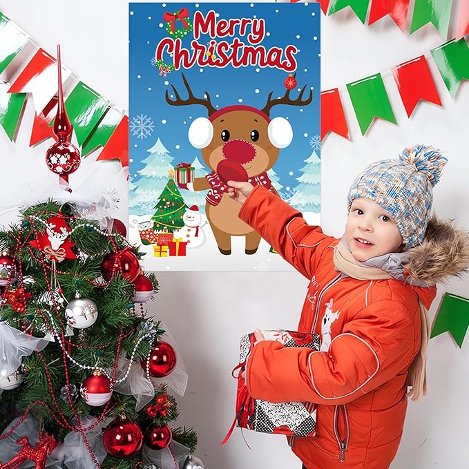 AUGSUN Pin The Nose on The Reindeer, Large Christmas Reindeer Poster Games Xmas Activities Winter Holiday Party Games for for Kids Adults Friends and Family Christmas Party Favors