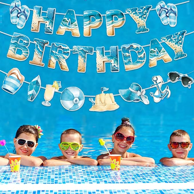 Zwiebeco Blue Sea Happy Birthday Party Decoration Banner Bunting Garland Hanging Paper for Boys Girls Men Women Kids Adults Summer Beach Ocean Themed Birthday Decor Accessories Supplies