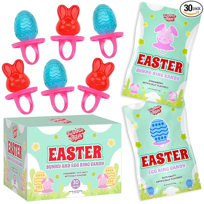 30 Pack Easter Ring Candy – Individually Wrapped Holiday Themed Bunny & Egg Lollipops – Strawberry, Tutti Frutti Delicious Flavors – Bulk Suckers Great Use, For Kids, Party Favor, Classrooms Partys, Goodie Bags, Baskets
