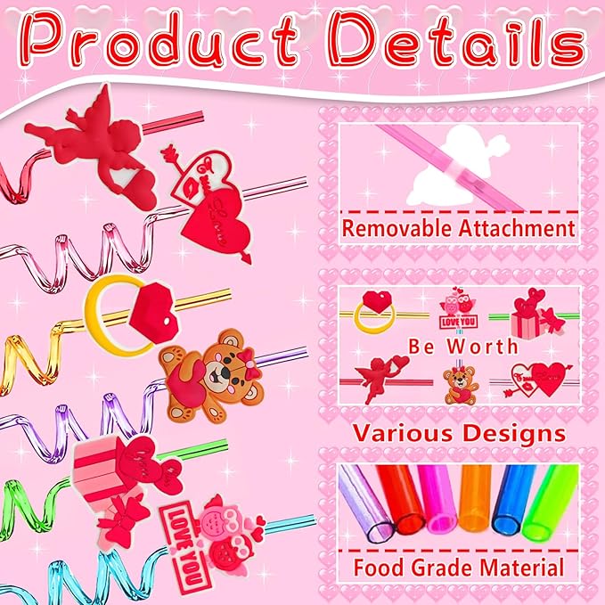 Valentine’s-Day-Engagement-Wedding-Bachelorette-Party-Decoration-Supplies-Crazy-Straws-24PCS Reusable Party Drinking Straws for Valentine V-DAY Party Favors Bridal Shower Decor Bride to Be Gift