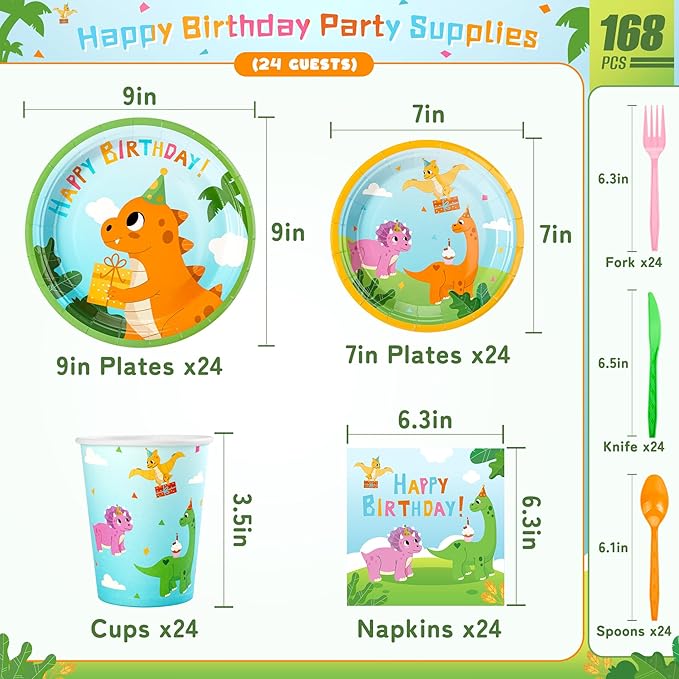 168PCS Dinosaurs Birthday Party Supplies for 24 Guests, Dinosaurs Themed Paper Plates Napkins Cups Cutlery, Dinosaur Disposable Tableware Set for Birthday Baby Shower Party Decorations