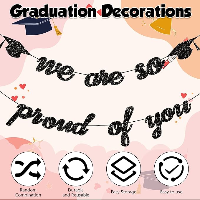 Graduation Decorations 2026 | Class of 2026 Graduation Banner, Black Glitter We are So Proud of You Grad Banner for Graduations Party Decorations Favors Supplies School Home Car Decorations