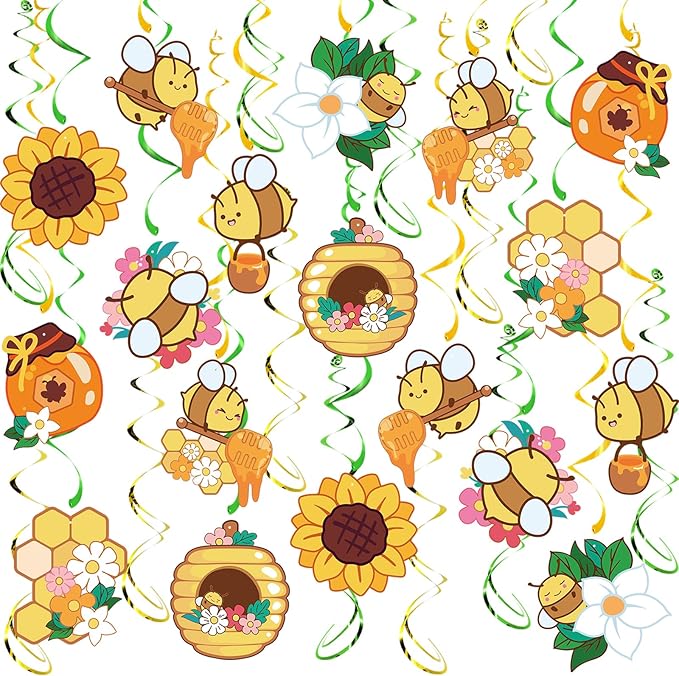 Bumble Bee Hanging Swirl Decorations, 48Pcs Bee Party Swirls Ceiling Streamers for Spring Summer Themed Party Supplies