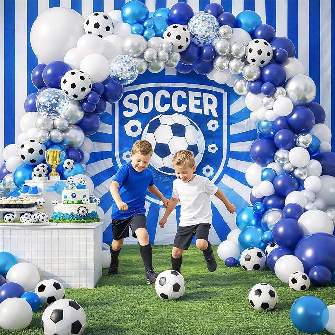 Soccer Balloon Arch Garland Kit, Soccer Party Decorations Blue White Silver Balloons Garland with Soccer Print Balloons for Kids Boys Men Sports Theme Birthday Party Decorations