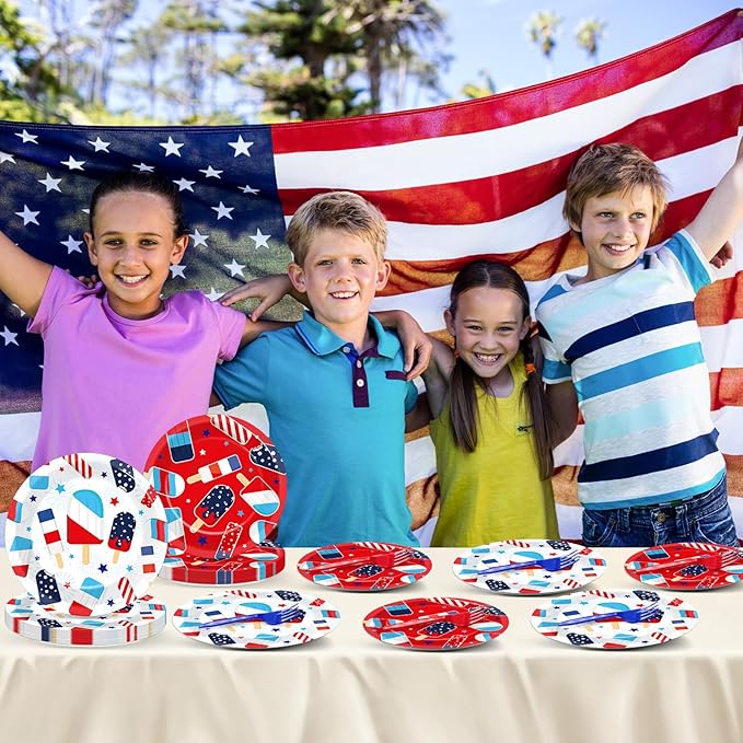 96 Pcs Patriotic Party Plates Napkins Tableware Set Summer Ice Pop Supplies Disposable Dinnerware 4th of July Theme Popsicle Decoration Favors for American Independence Day Memorial Day, 24 Guests