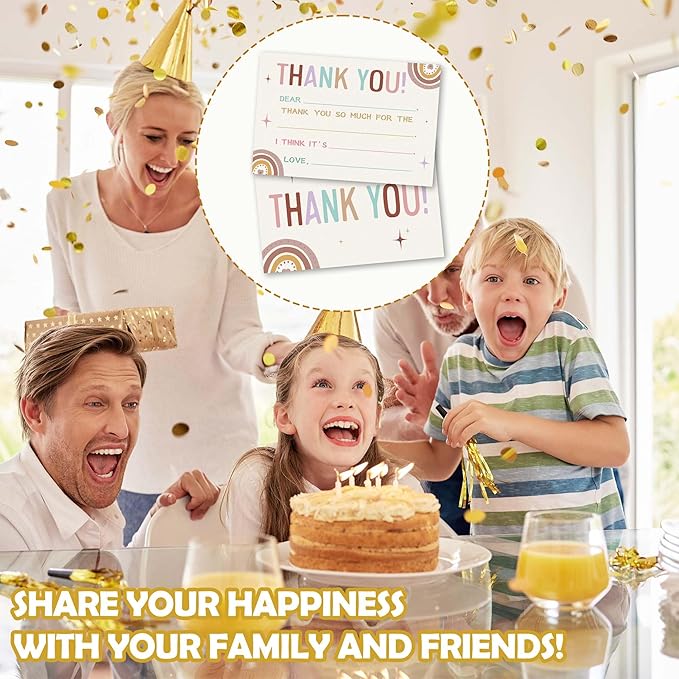 Kids Thank You Cards Fill in the Blank, Boho Rainbow Thank You Notes For Boys Girls, Rainbow Greeting Card, Birthday Party Decorations Favors (20 Cards With 20 Envelopes) -32