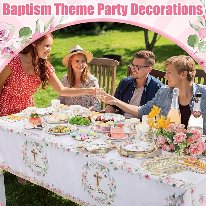 Pickmesh 194 Pcs God Bless Baptism Party Decoration Girl for 24, Pink Floral Baptism Paper Plate Napkin Cup Tablecloth Cutlery First Holy Communion Tableware for Christening Baby Shower Supply