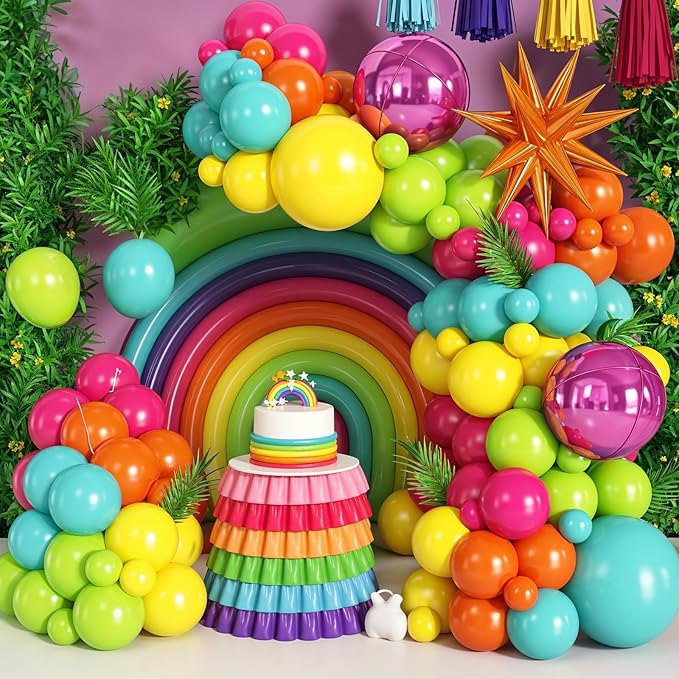Tropical Balloon Arch Garland Kit with Hot Pink Teal Blue Green Orange Star Balloons Round Balloons for Girls Birthday Hawaiian Luau Summer Tropical Fiesta Party Decorations