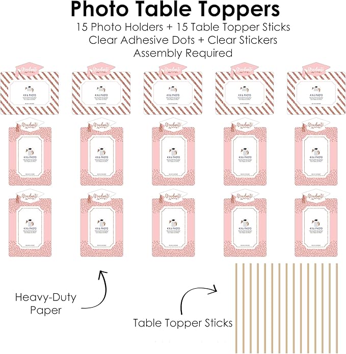 Rose Gold Grad Graduation Photo Display Centerpiece Kit - 15 Double-Sided Photo Table Topper Sticks, Vertical and Horizontal 4x6 Picture Holders, DIY Party Decoration Set