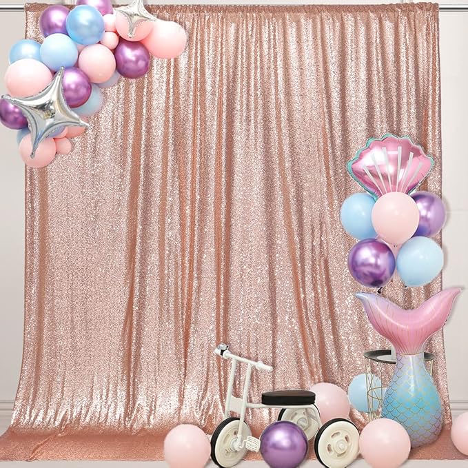 PartyDelight Rose Gold Sequin Backdrop 6x7ft - High Density 3mm Shimmer Sequin Background with 4-Inch Rod Pocket Sparkly Photography Curtain for Birthday, Wedding, Bridal Shower & Live Decor