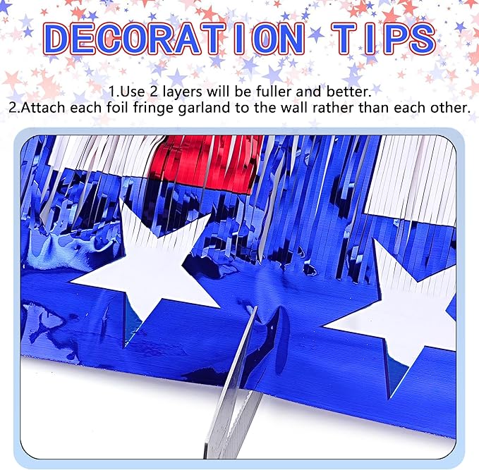 4th of July Decorations 2 Packs 39 Feet Metallic Banner Foil Fringe Garland, Red White and Blue Tinsel Streamers Hanging Backdrop American Flag Star for Parade Floats Memorial Day Patriotic Party