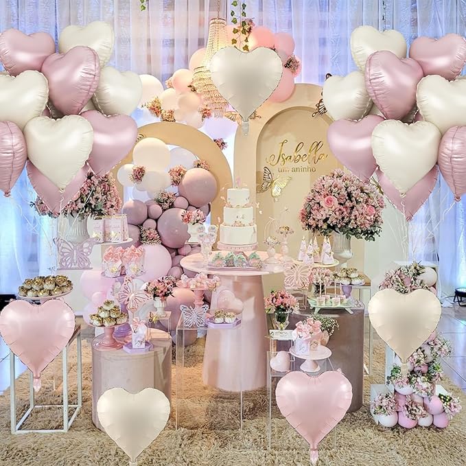 Pink White Heart Balloons, 18 Inch Baby Pink and Cream Helium Foil Heart Balloon 10Pcs Pastel Nude and Light Rosa Heart Shape Foil Balloons for Boho Girls Women Birthday Baby Shower Bridal Valentines