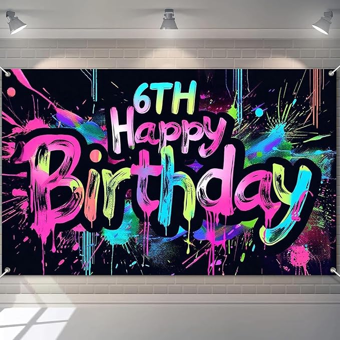 Neon 6th Happy Birthday Banner 71x43 Inch Paint Splatter Glow in The Dark Backdrop Colorful Wall Decor for Kids Boys Girls Fifth Birthday Celebrations Photo Booth Props Event Supplies