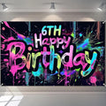 Neon 6th Happy Birthday Banner 71x43 Inch Paint Splatter Glow in The Dark Backdrop Colorful Wall Decor for Kids Boys Girls Fifth Birthday Celebrations Photo Booth Props Event Supplies