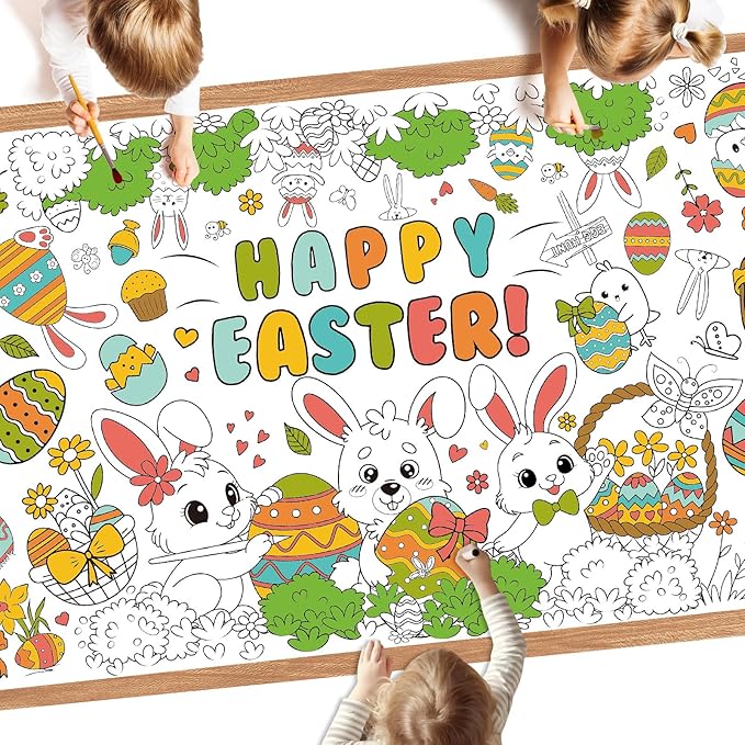 Giant Easter Coloring Poster - Large Happy Easter Coloring Tablecloth Cover, Jumbo Cute Bunny Paper Colorable Table Cloth Banner for Easters Gifts Activities Game Party Decorations Props, 31 x 72Inch