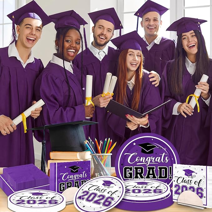 Graduation Party Plates and Napkins Purple Class of 2026 Grad Congrats Party Supplies Disposable Dessert Paper Plates Cocktail Napkins forGraduation Party Decorations,Serve 50