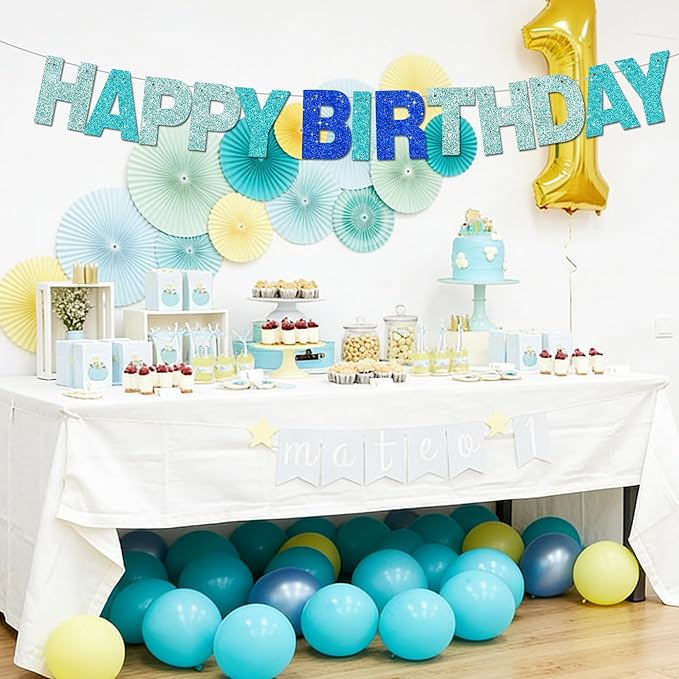 BEISHIDA 116 PCS A-Z DIY Letter Banner Kit Make Your Own Banner Glitter Blue Mix Including 111 Letters and Numbers 3 Rope and 2 Threading Device,Customized for Birthday Graduation Wedding Party Decor