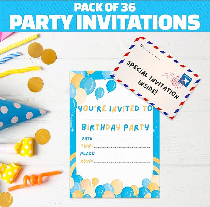 36 Kids Childrens Birthday Party Invitations with Folding Envelope Design and Holographic Stickers (Blue)