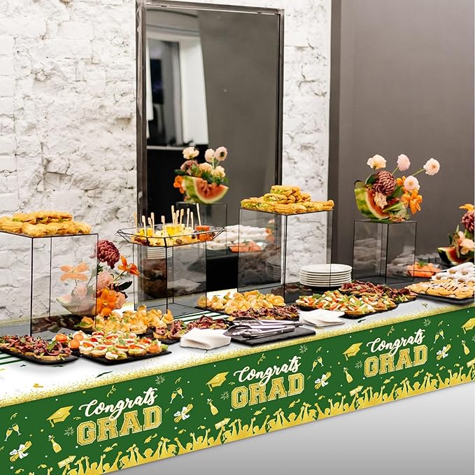 chiazllta Set of 3 Graduation Tablecloths Class of 2026 Congrats Grad Green Graduation Party Tablecover Decorations Party Supplies Large Size Plastic 54"x108"(Green & Gold)