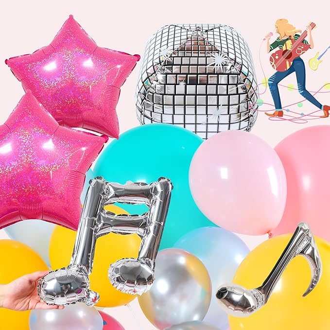 Music Fans Birthday Decoration,148 Pcs Balloon Arch Garland Kit with Microphone, Laser Star, Disco Mylar Balloon for music fans theme teenage girl Birthday Party Prom Decorations