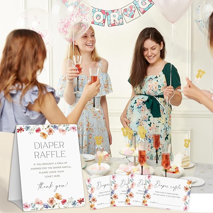 Boho Flower Diaper Raffle Game, Diaper Raffle Tickets for Baby Shower, Floral Gender Neutral Tickets for Baby Shower Party Favor Decorations Supplies (1 Sign + 50 Cards)