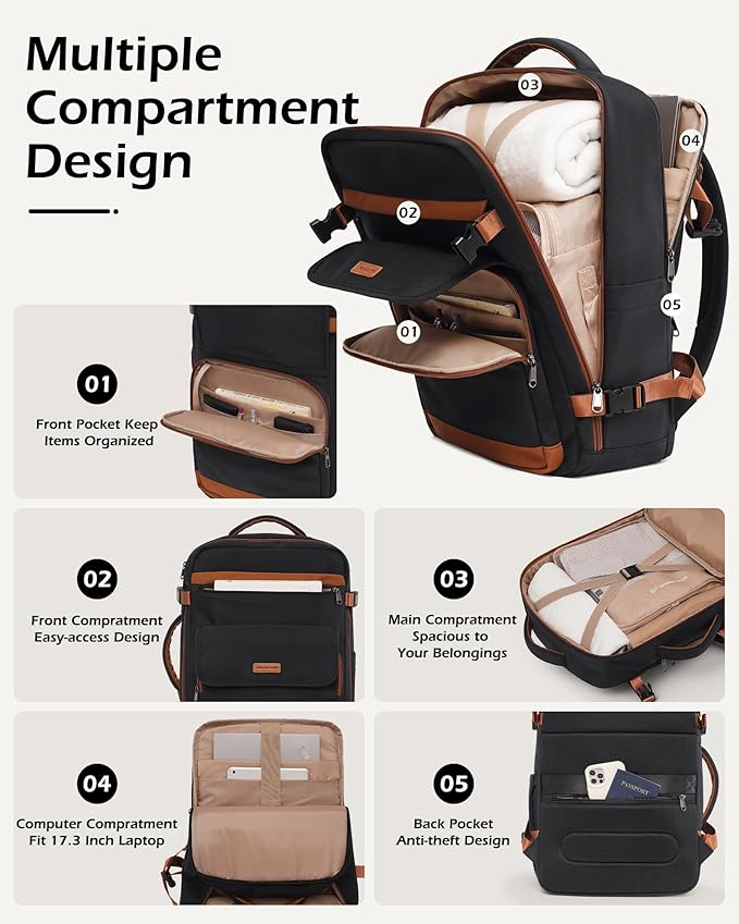 LONG VACATION Carry On Luggage Sets 3 Piece 20 Inch Suitcase Set, ABS+PC Hard shell Lightweight Travel Luggage with Spinner Wheels & YKK Zipper TSA Lock (BLACK-BROWN, 20 INCH (BP-2/TB))