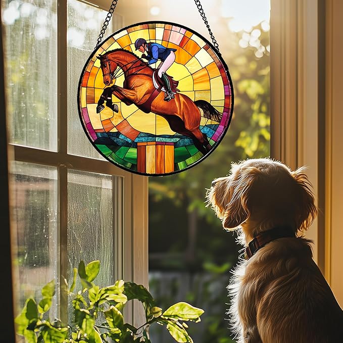 Stained Glass Window Hanging Equestrian Sports 9.8" - Horse Suncatcher Door Garden Sunroom Sun Catcher Home Decor Birthday Christmas for Mom Men Woman Nana