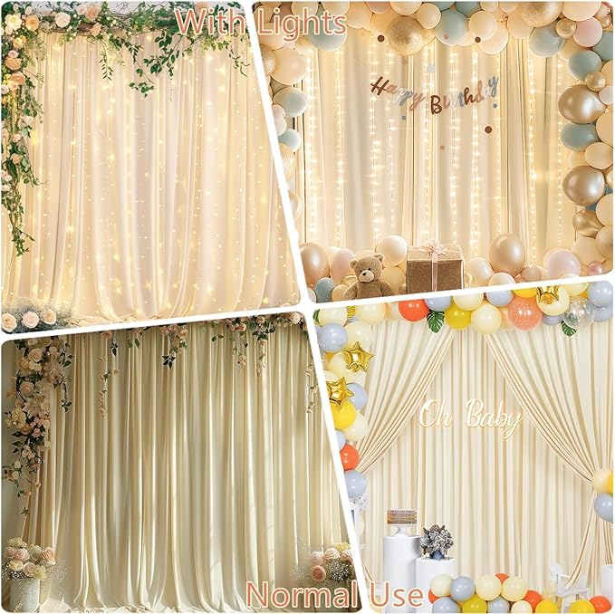 10 x 10ft Champagne Backdrop Curtains with Lights String for Wedding Polyester Photo Backdrop Drapes Wrinkle Free Long Curtains Backdrop for Birthday Parties Reception Baby Shower Ceremony-5 x 10ft 2P