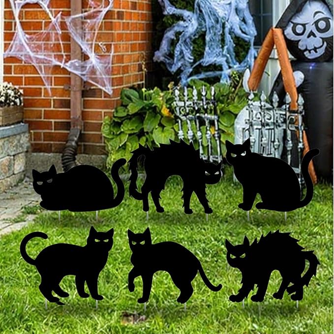6 PCS Halloween Yard Signs,Scary Black Cat Yard Signs with Stakes,Halloween Decoration for Lawn Garden Courtyard