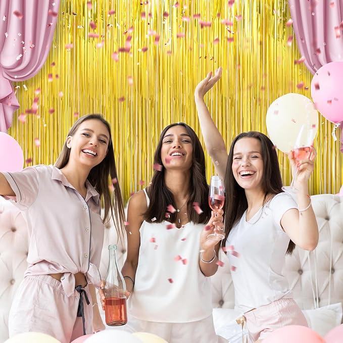 4 Pack Gold Foil Fringe Curtains Door Streamers Party Decorations 3.3 x 8.2 ft, Gold Tinsel Curtain Fringe Backdrop for Parties, Door Fringe Birthday Streamers, Photo Booth Backdrops, Party Decor