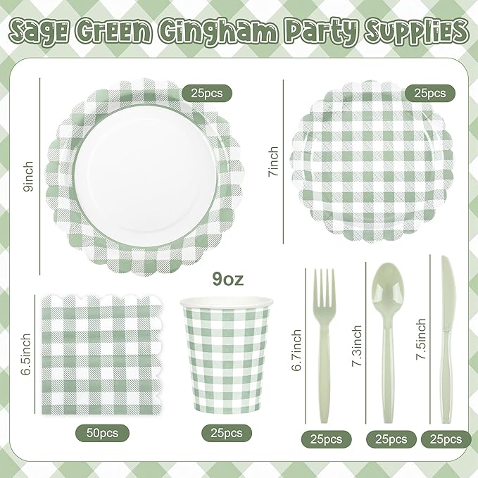 200 Pcs Sage Green Gingham Party Supplies Green and White Scalloped Paper Plates and Napkins Cups Disposable Gingham Checkered Plaid Dessert Plates Tableware Set for Baby Shower Wedding BBQ