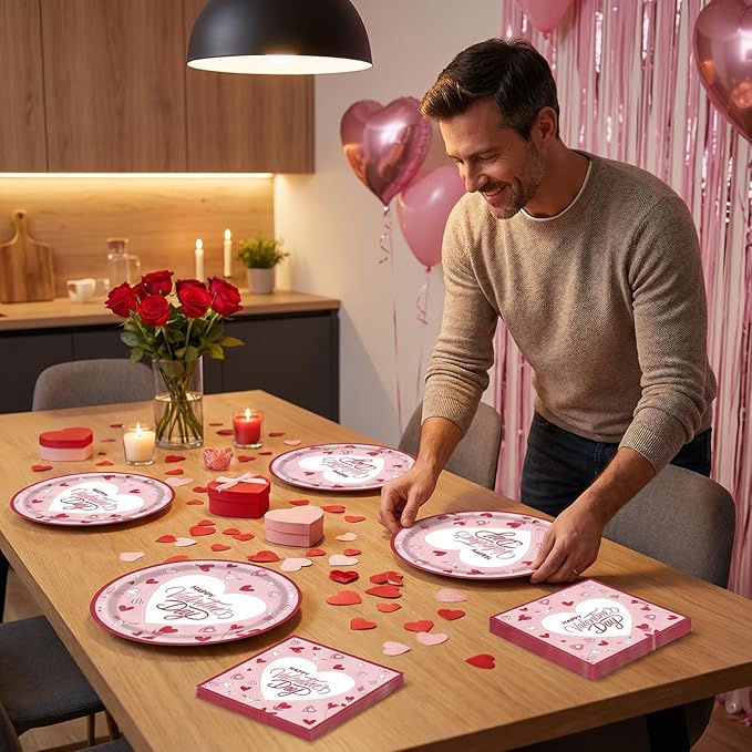 Pink Valentines Day Plates and Napkins Set for 20 Guests - Disposable Heart Paper Plates 9 inch 20 pcs & Floral Napkins 20 pcs, Perfect for Galentines Party Decorations, Romantic Dinner Party Supplies