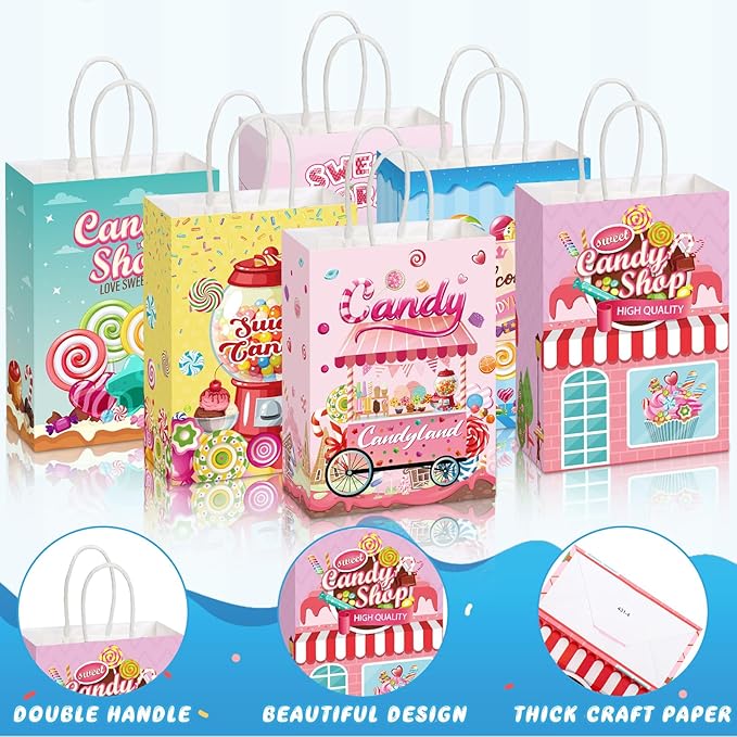 24 Pcs Candy Sweet Land Goodie Bags with Handles Lollipop Gift Bags Candy Party Favors Sweet Shop Theme Treat Boxes for School Birthday Wedding Baby Shower Party Decor
