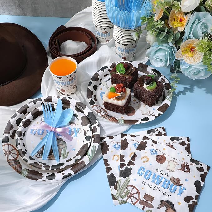 350 Pcs Western Cowboy Baby Shower Party Supplies a Cowboy Is on the Way Baby Shower Paper Plates Napkins Cups Disposable Western Party Tableware Plastic Cutlery Serves 50 Guest