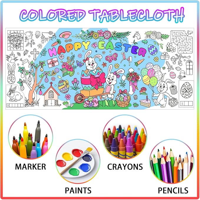 Easter Giant Coloring Poster for Kids,30x72 Inch Happy Easter Crafts Drawing Paper Coloring Tablecloth DIY Art Crafts for Kids Party Bunny Egg Themed Activity Classroom Home Party Suppiles