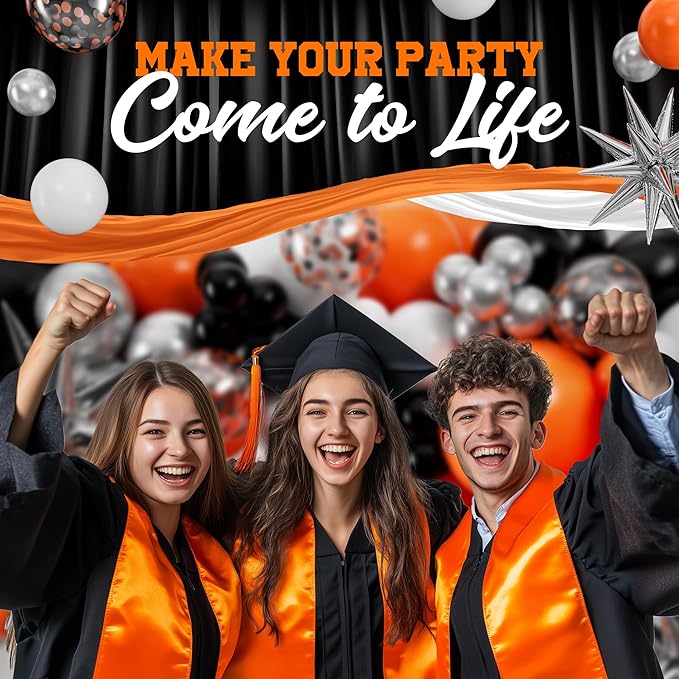 ALL-IN-1 Orange Black White Balloons Arch Kit with BONUS Starburst Balloons – Small & Large White Orange Black Balloons – Party Decorations for Graduation, Birthday Bengals, Halloween, Harley Davidson