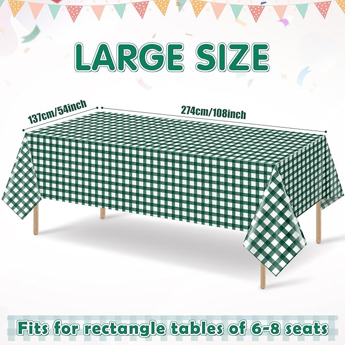 6pcs 54X108inch Dark Green Checkered Tablecloth,Green Gingham Tablecloths Buffalo Plaid Disposable Plastic Table Covers for Birthday Baby Shower Bridal Wedding Party Birthday Decorations