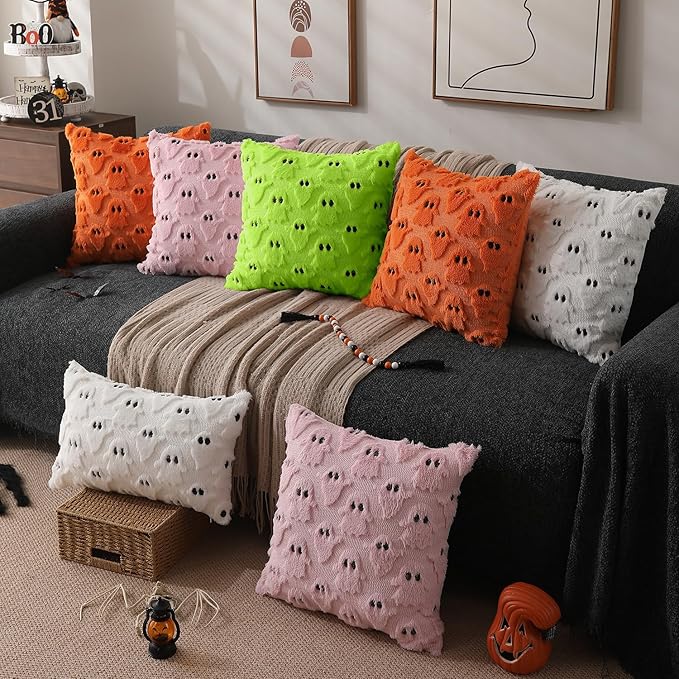 DFXSZ Halloween Pillow Covers 18x18 inch Set of 2 Green Ghost Throw Pillow Cases Soft Plush Faux Fur Wool Couch Cushion Case for Chair Sofa Bedroom Living Room Home Decor PTK03Y18
