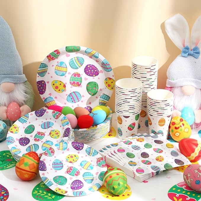 Layhit 202 Pcs Easter Party Supplies Set for 50 Guests, 9" Bunny Egg Dinner Plates 7" Dessert Plate and Napkin 9 oz Paper Cup 2 Pcs Plastic Tablecloth Disposable Tableware for Spring Party Favor
