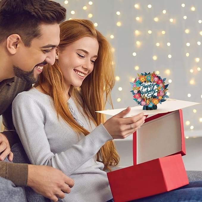 Wreath Flowers Pop Up Card – 6x12 Inch Happy Birthday Stunning 3D Paper Popup Cards to Make Special Day More Unique | Pop Up Flower Card for Kids & Adults